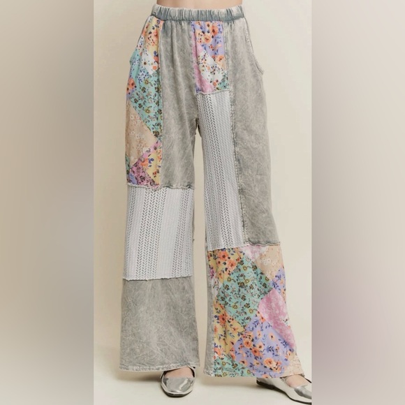 Pants - Sold🌟MERE Mineral Washed Floral WaveKnit Jacquard Patchwork Pants🌟